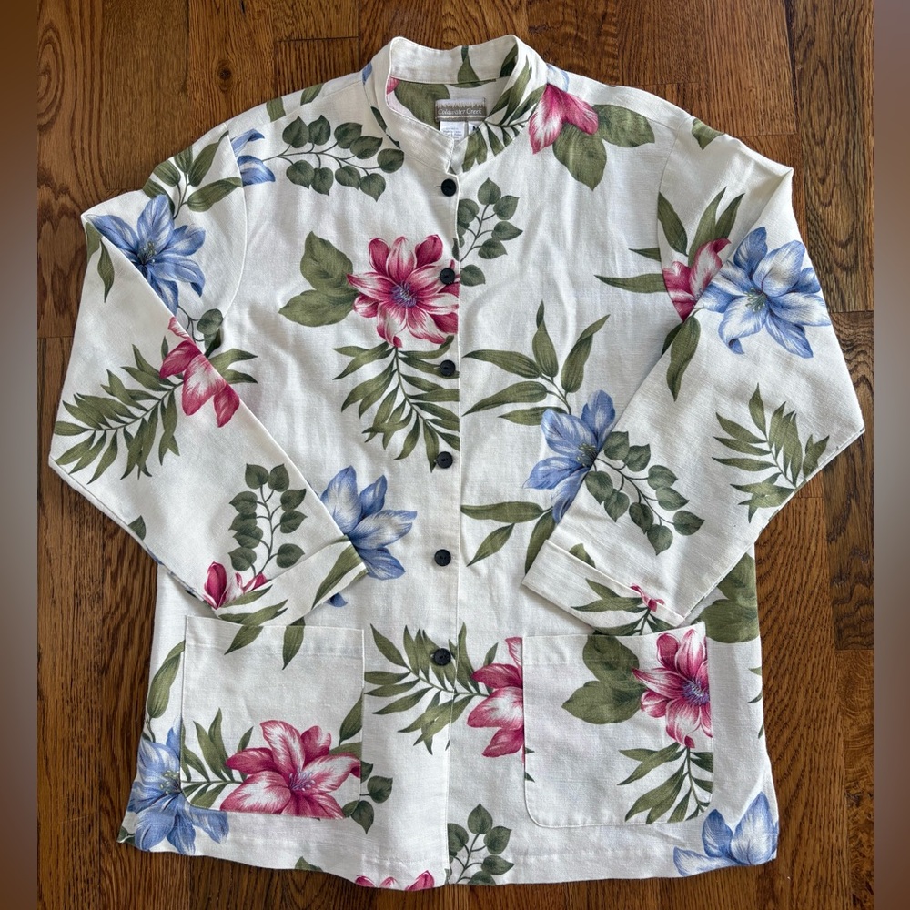 Coldwater Creek Linen Blend Mandarin Collar Shirt Jacket Botanical Cottagecore M - Picture 3 of 11